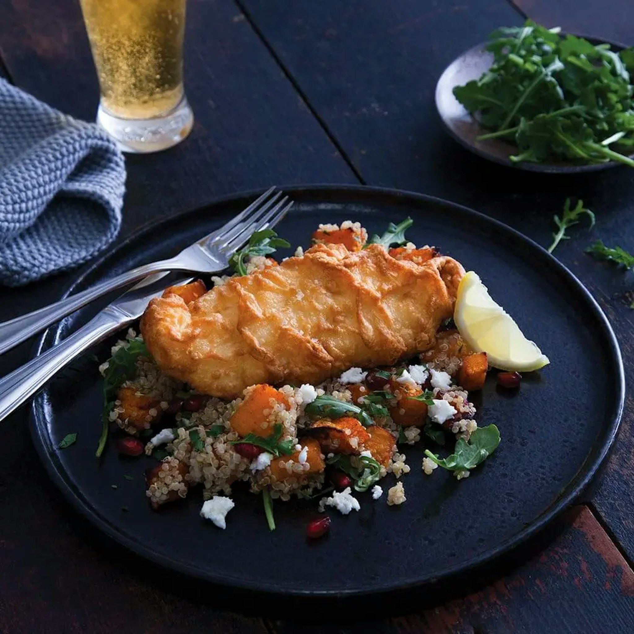 I&J Crispy Battered Hoki With Pomegranate & Grain Salad Recipe Card