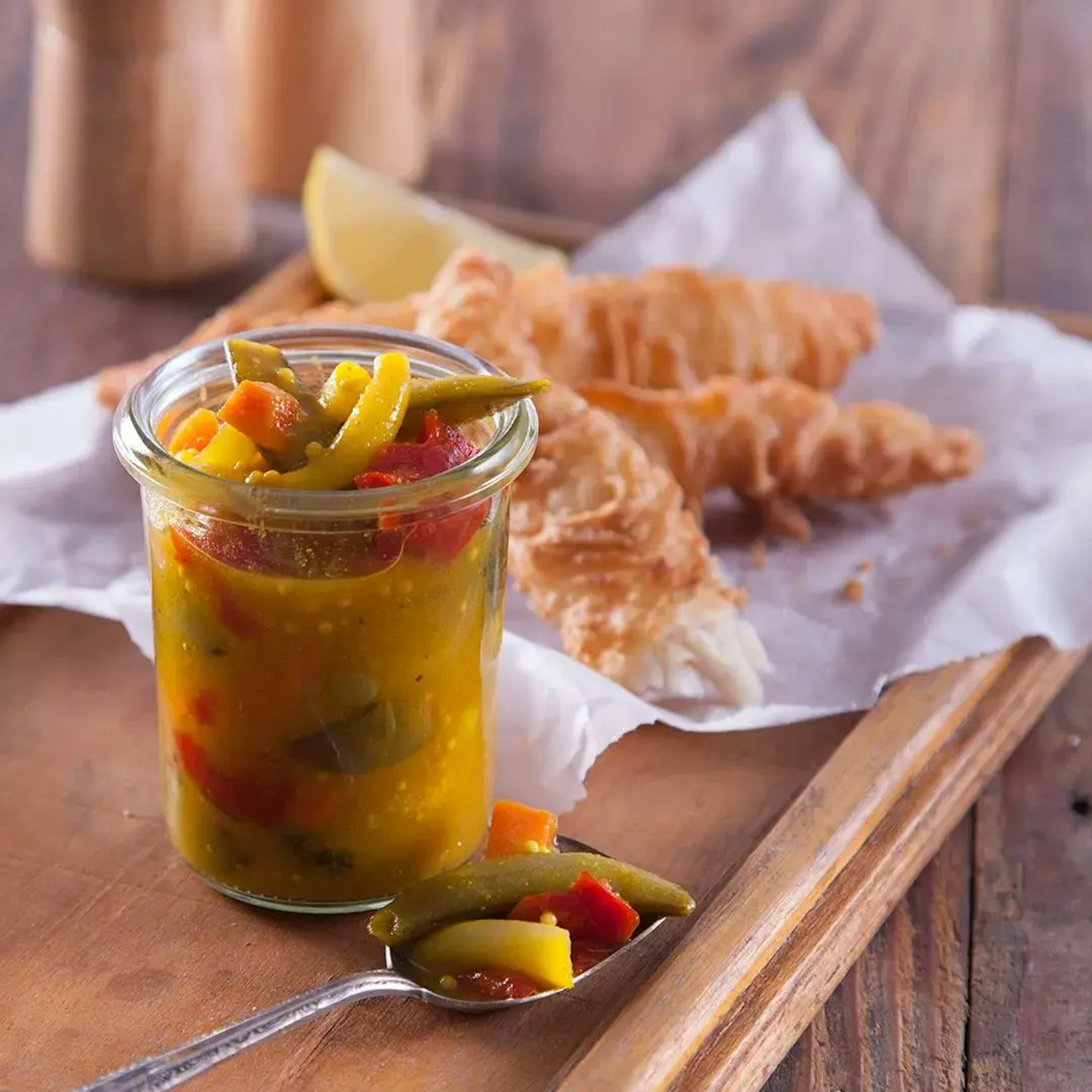 Piccalilli With Battered Fish Recipe Card