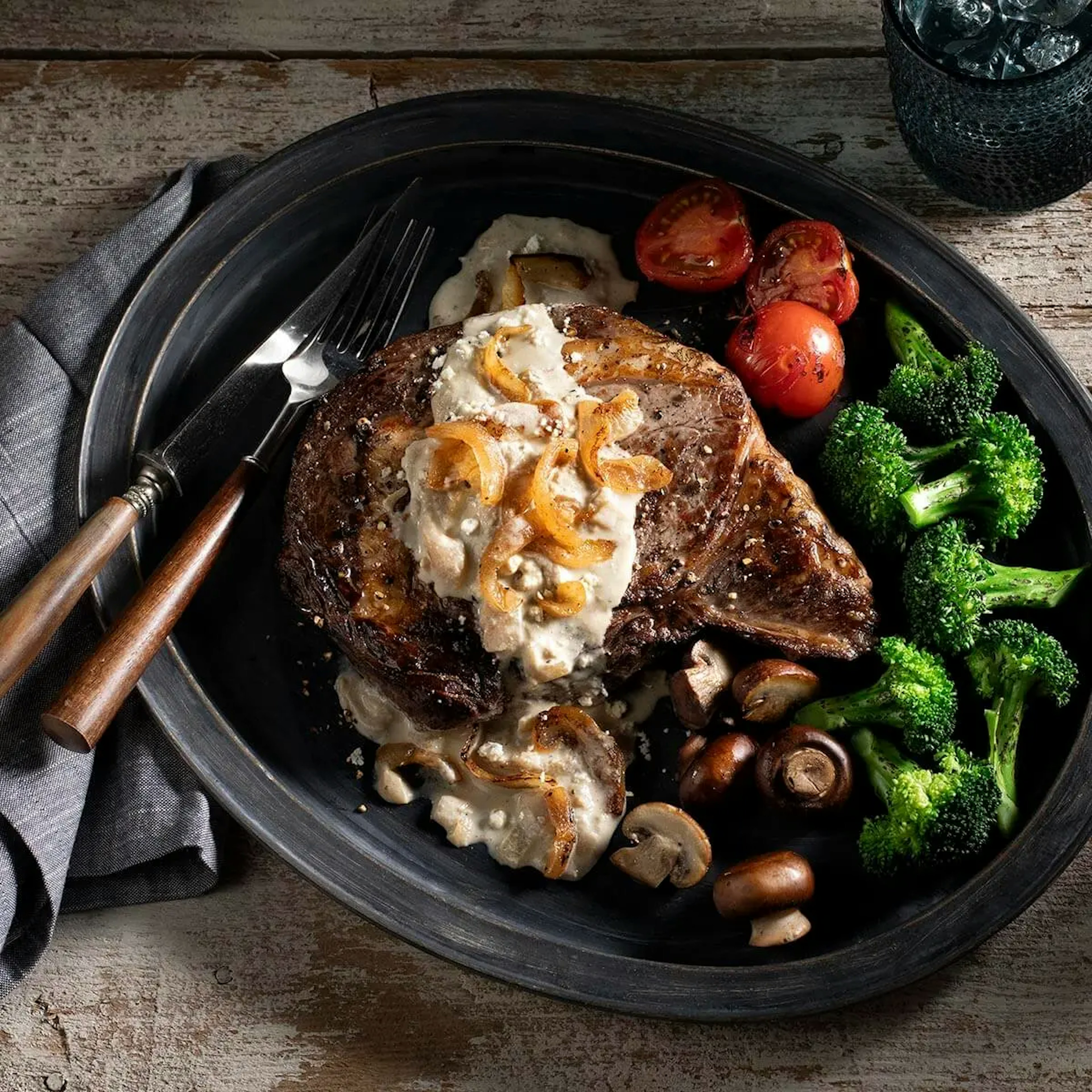 Rib Eye with Caramelized Onion Blue Cheese Sauce Recipe Card