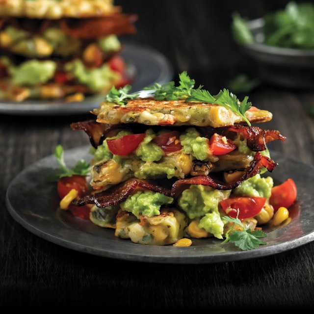 ANZ Corn Fritter, Bacon & Avocado Stacks