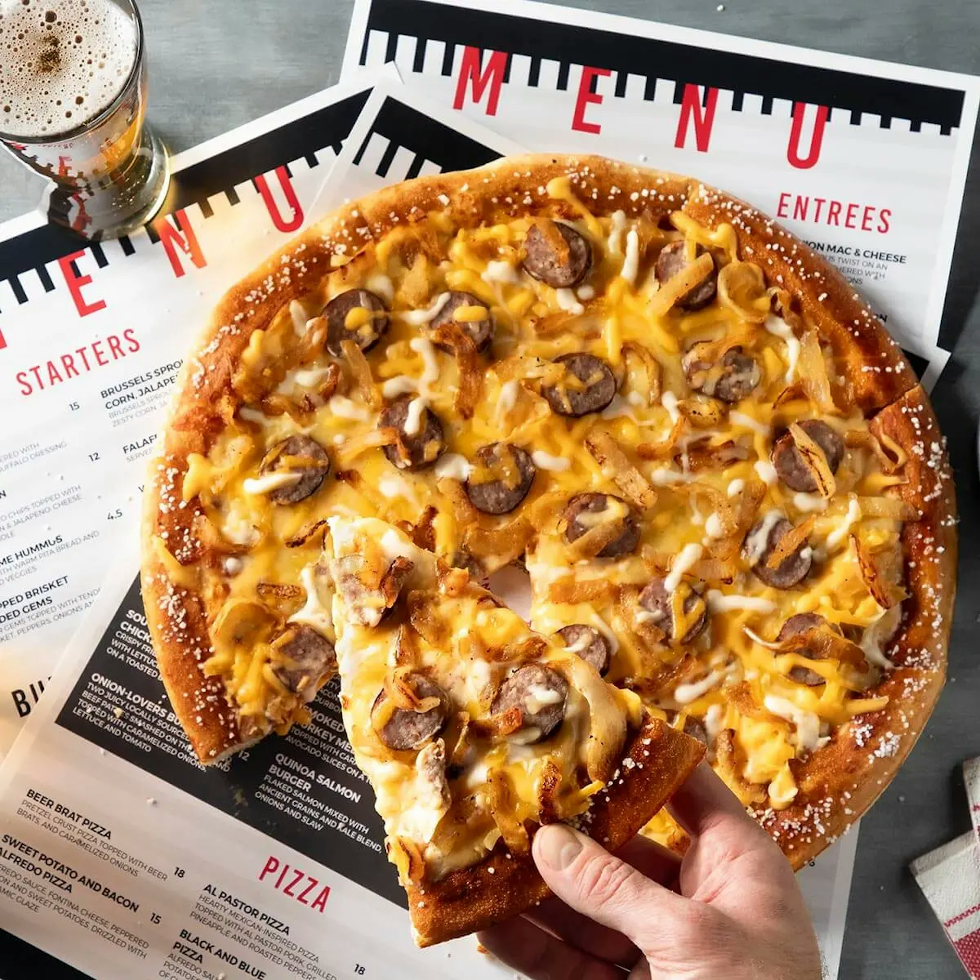 Beer Cheese, Brat and Caramelized Onion Pretzel Pizza Recipe Card