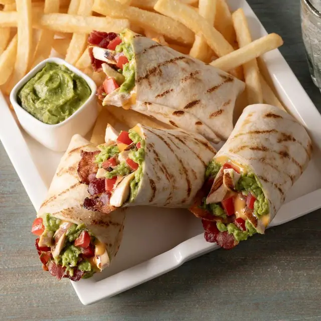 Chicken Bacon Dill Pickle Avocado Wrap with Fries