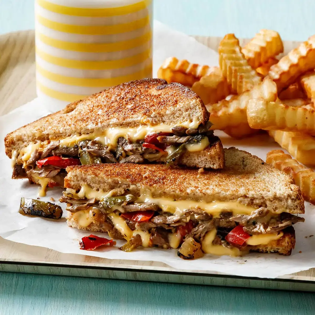 Philly Grilled Cheese with Crinkle Cut Fries Recipe Card