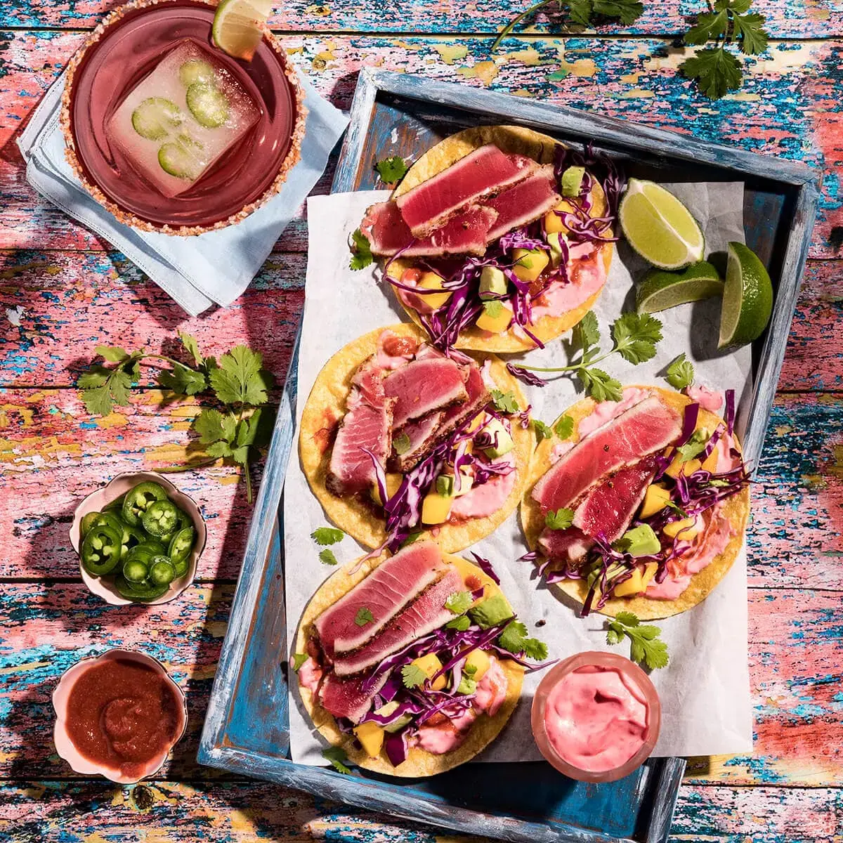 Pink Peppercorn Crusted Tuna Tacos Recipe Card