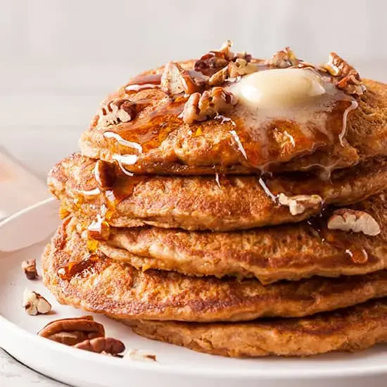 Roasted Maple Sweet Potato Pancakes with Bourbon Butter Pecans Recipe Card