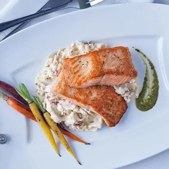 Roasted Salmon with Redskin Mashed Tri Colored Carrots Pesto Recipe Card