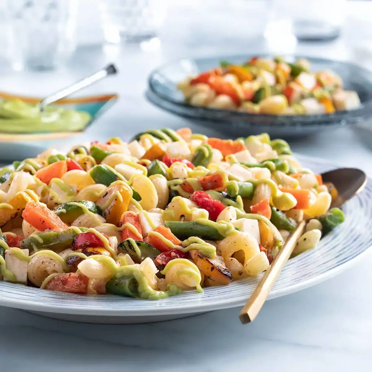 Mediterranean Pasta Salad with Avocado Dressing Recipe Card