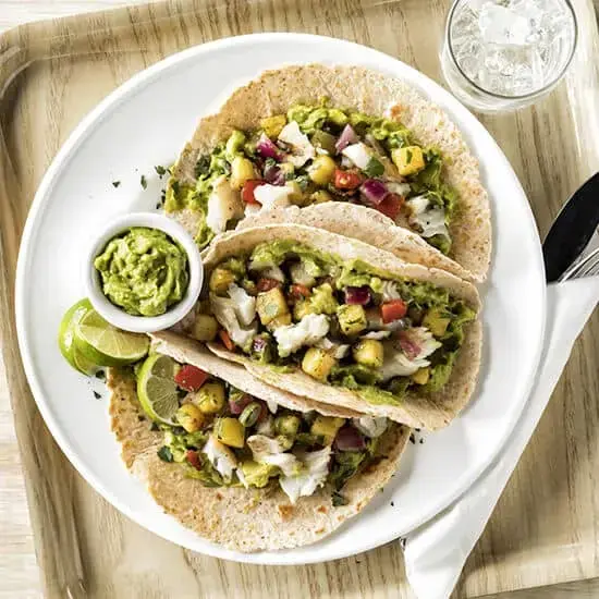 Guacamole and Grilled Fish Tacos with Mango Salsa Recipe Card