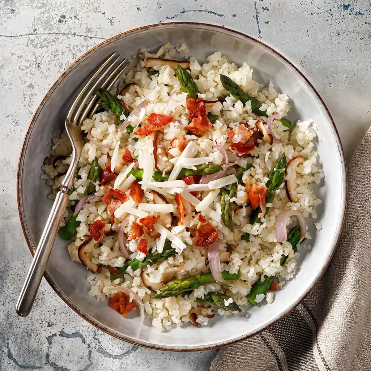 Cauliflower Risotto with Pancetta, Asparagus and Mushrooms Recipe Card