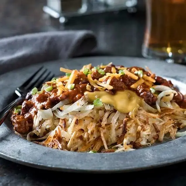 Diner-Style Smothered, Covered and Topped Hash Browns Recipe Card